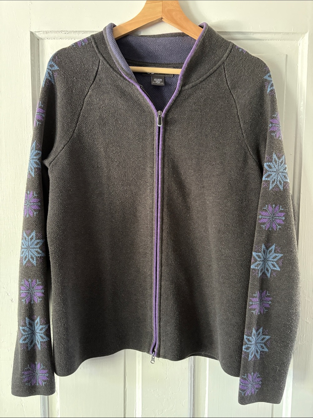 Eddie Bauer Charcoal Bomber Jacket with Purple Lining and Blue-Purple Snowflakes